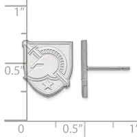 A silver-toned lapel pin with a shield-shaped face featuring a helmet and star design, shown next to its straight pin post against a measurement scale.