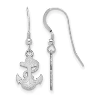 Pair of silver-toned anchor earrings with detailed nautical design, shown front and back views, hanging from silver fish hook wires.