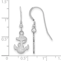 A pair of silver anchor earrings with fish hook wires displayed against a measurement ruler showing they are approximately one inch long.