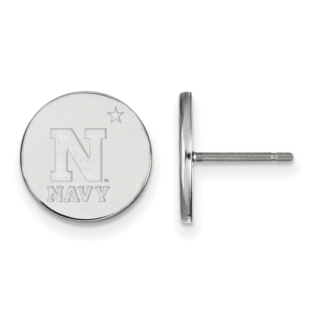 Pair of silver-toned circular stud earrings with an engraved "N" and "NAVY" text with a star above, shown front and side view.