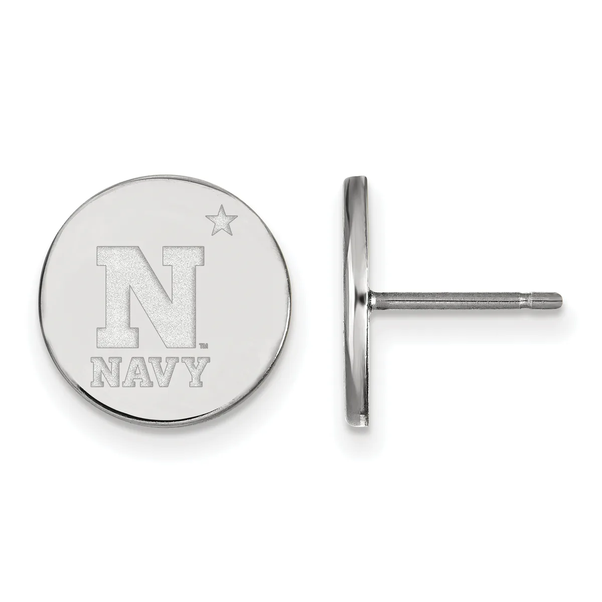 Pair of silver-toned circular stud earrings with an engraved "N" and "NAVY" text with a star above, shown front and side view.