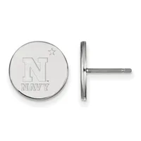 Pair of silver-toned circular stud earrings with an engraved "N" and "NAVY" text with a star above, shown front and side view.