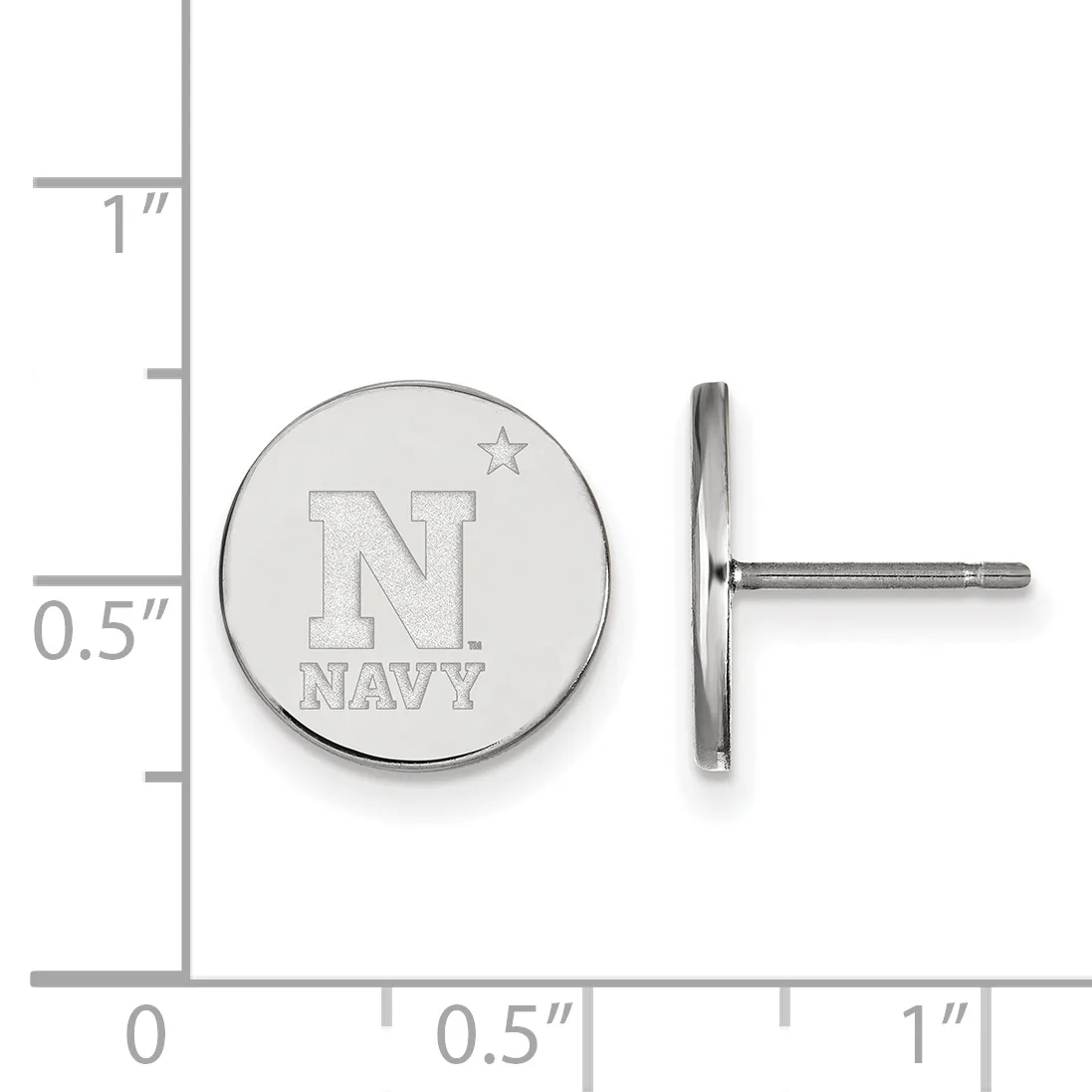 Silver-toned circular stud earring with an engraved "N" and "NAVY" text with a star, shown front and side view against a measurement scale.