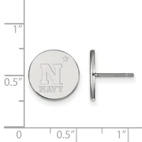 Silver-toned circular stud earring with an engraved "N" and "NAVY" text with a star, shown front and side view against a measurement scale.