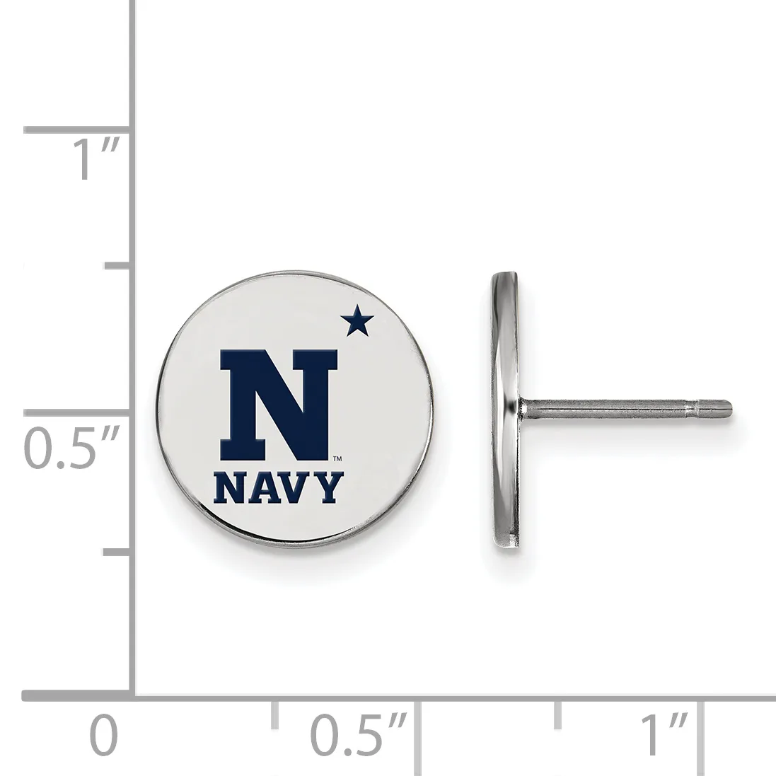 A circular stud earring with a navy "N" and star design on white background, shown with a measurement scale indicating approximately half-inch diameter.