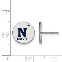 A circular stud earring with a navy "N" and star design on white background, shown with a measurement scale indicating approximately half-inch diameter.