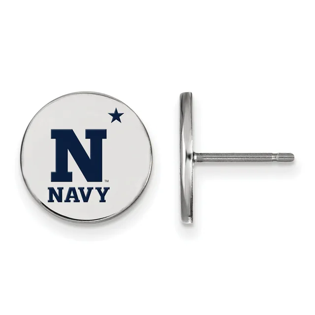 A pair of round silver stud earrings with white enamel faces featuring a navy letter N with a star above it and text below.