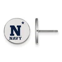 A pair of round silver stud earrings with white enamel faces featuring a navy letter N with a star above it and text below.