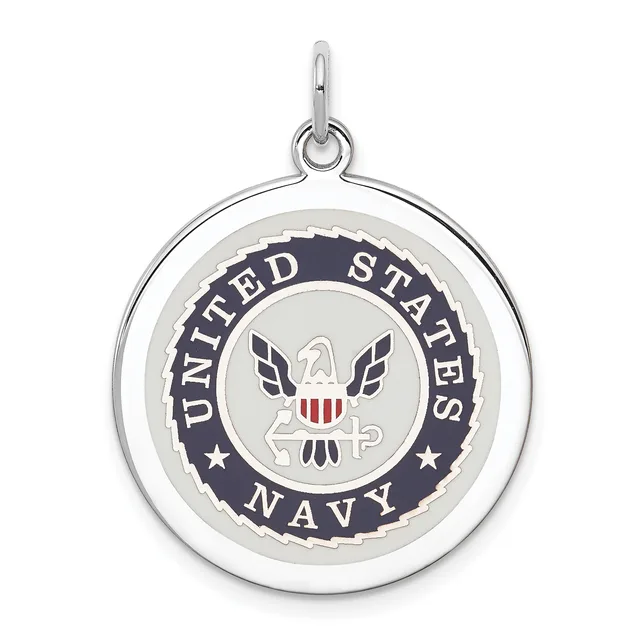 Silver circular pendant featuring the United States Navy seal with an eagle, shield, and anchor in the center, surrounded by a dark blue ring with text and stars.