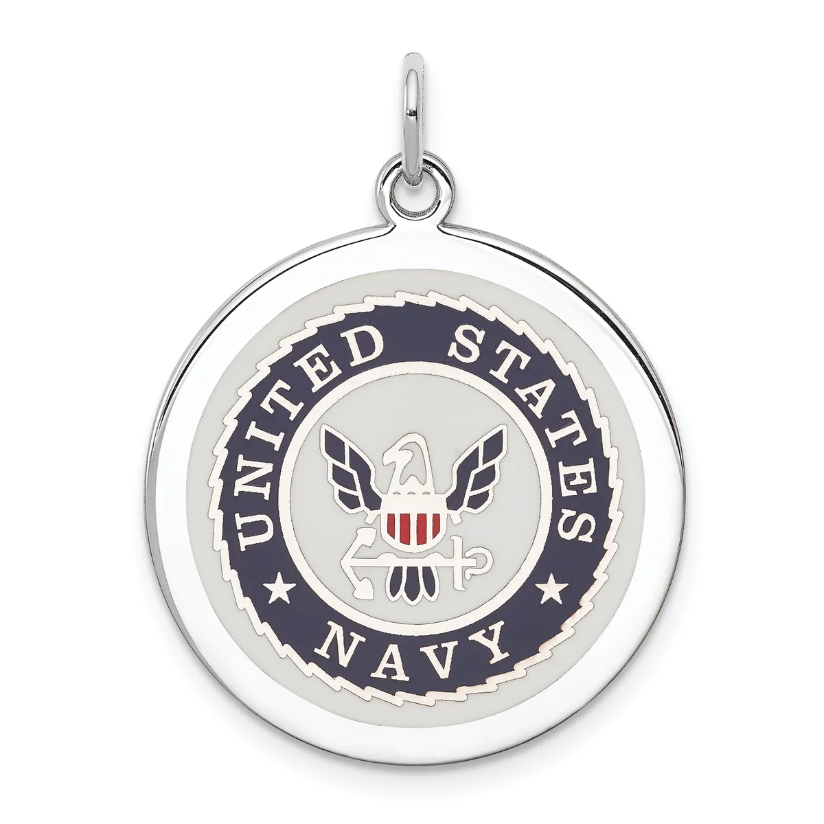 Silver circular pendant featuring the United States Navy seal with an eagle, shield, and anchor in the center, surrounded by a dark blue ring with text and stars.