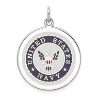 Silver circular pendant featuring the United States Navy seal with an eagle, shield, and anchor in the center, surrounded by a dark blue ring with text and stars.