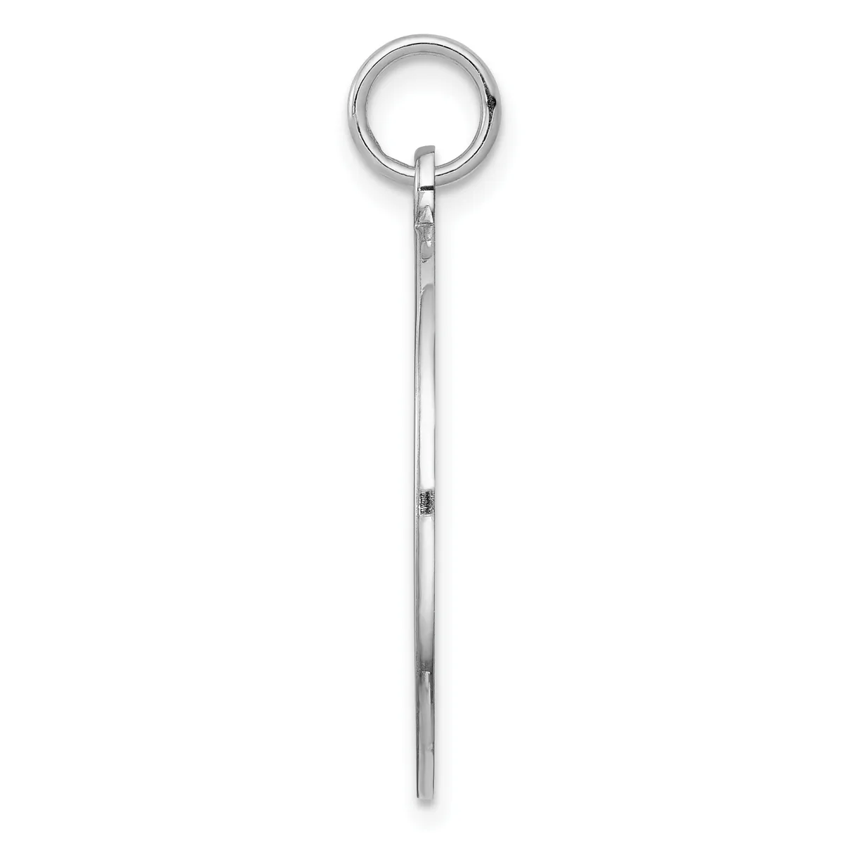 A long sterling silver pendant with a polished finish, featuring a thin rectangular stem attached to a circular loop at the top.