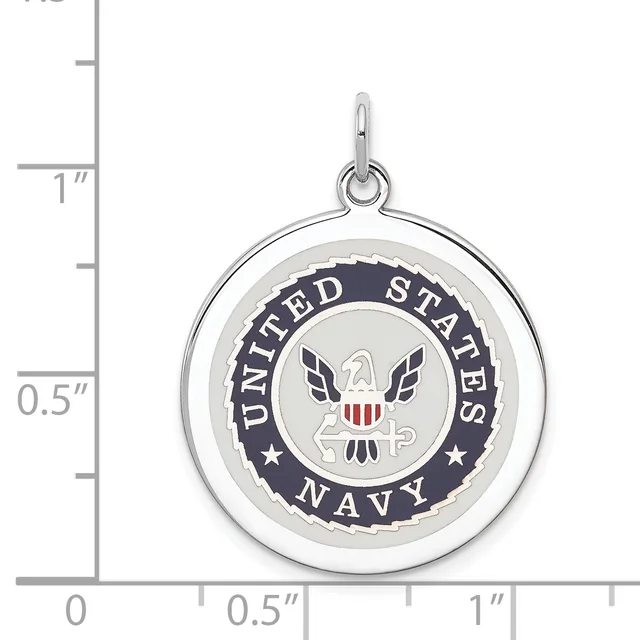 Silver circular pendant with United States Navy seal featuring an eagle, shield, and dark blue enamel border, shown next to a measurement ruler.