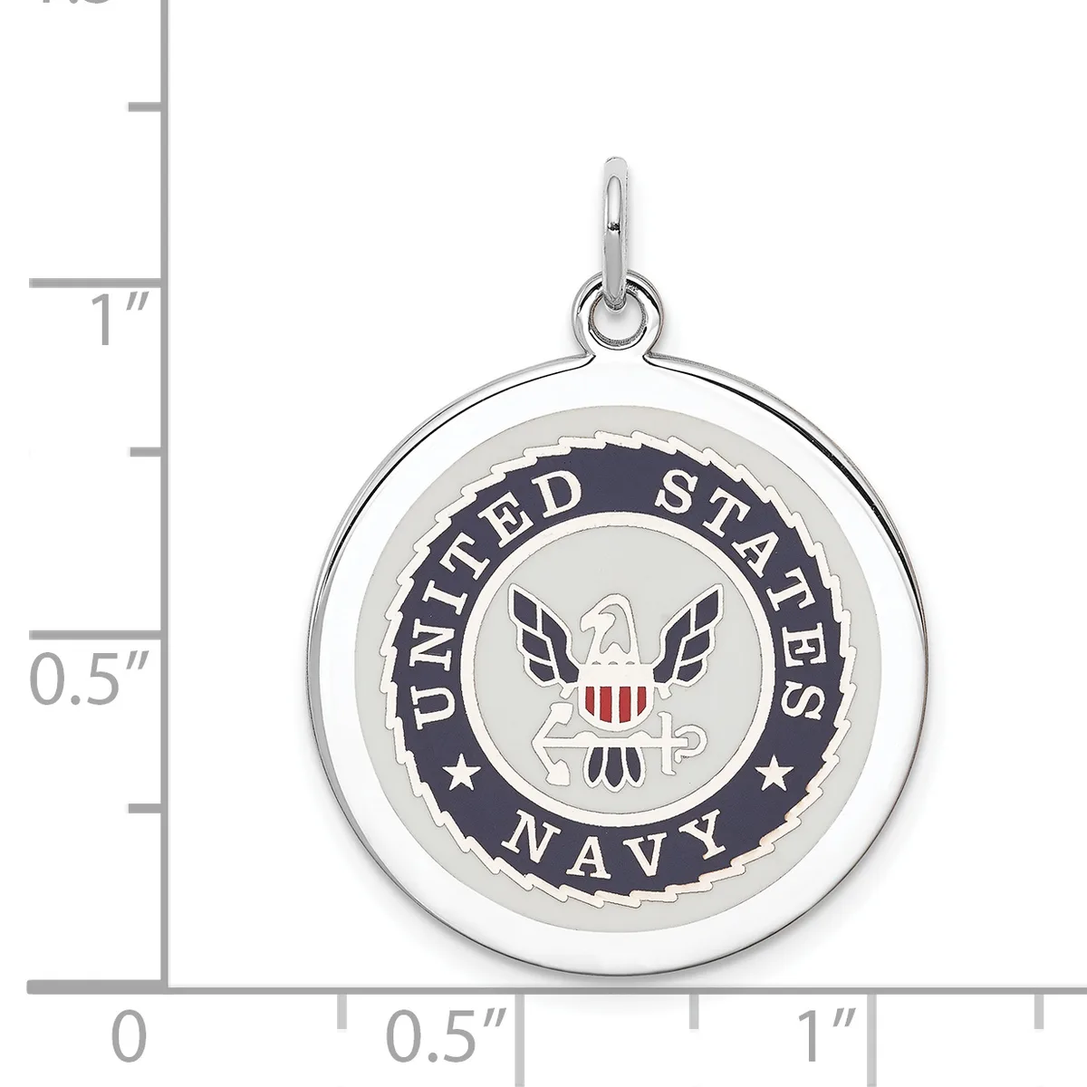 Silver circular pendant with United States Navy seal featuring an eagle, shield, and dark blue enamel border, shown next to a measurement ruler.