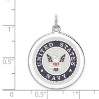 Silver circular pendant with United States Navy seal featuring an eagle, shield, and dark blue enamel border, shown next to a measurement ruler.
