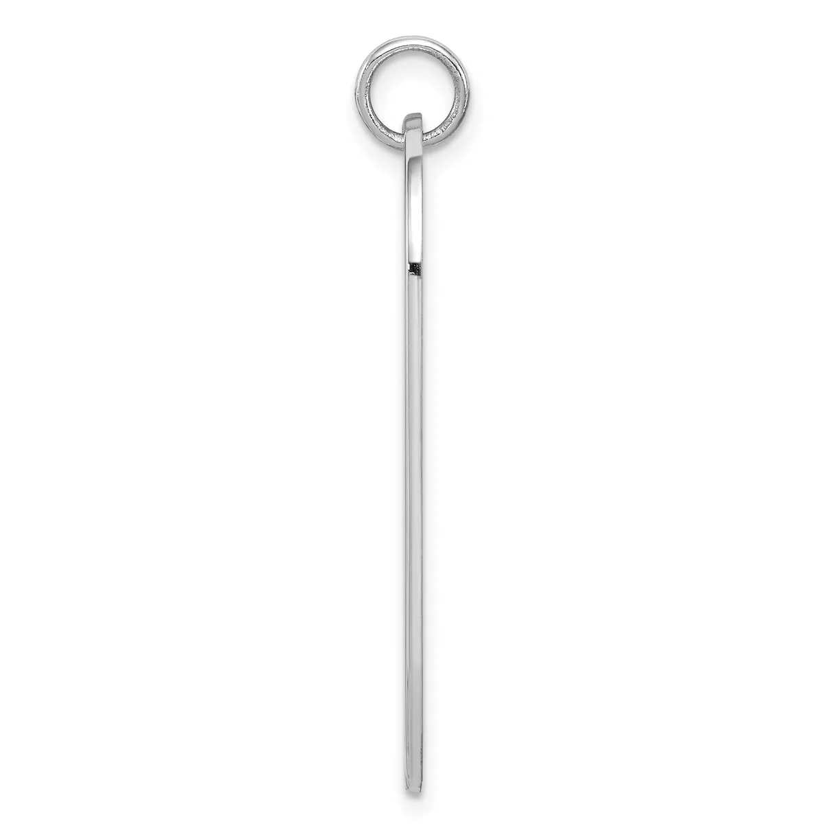 A long silver pendant consisting of a thin cylindrical rod with a small dark band near the top, suspended from a circular loop at the end.