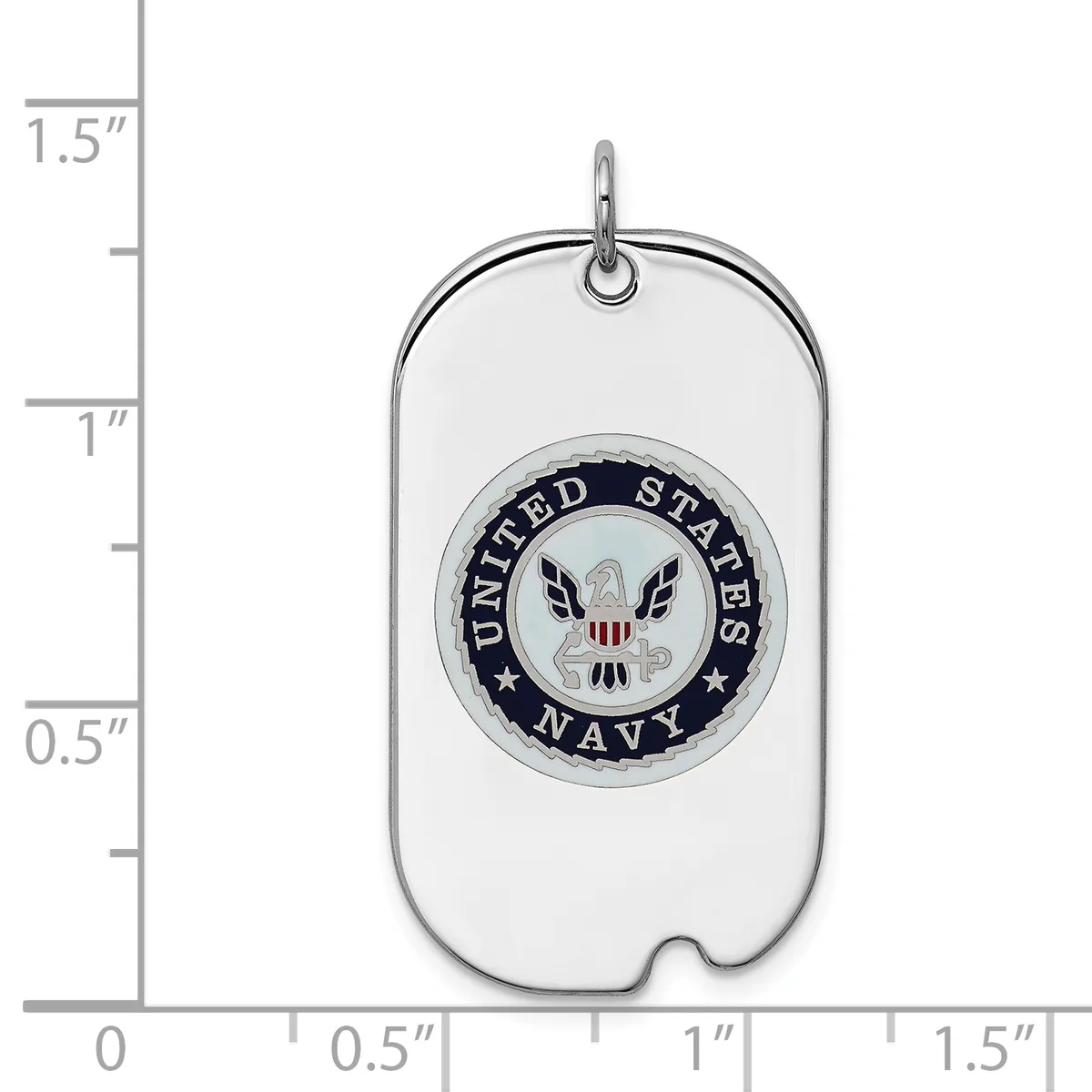 A stainless steel dog tag pendant with rounded corners featuring a circular United States Navy seal medallion in the center, shown next to a ruler indicating its size of approximately 1.25 inches tall and 0.75 inches wide.
