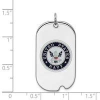 A stainless steel dog tag pendant with rounded corners featuring a circular United States Navy seal medallion in the center, shown next to a ruler indicating its size of approximately 1.25 inches tall and 0.75 inches wide.
