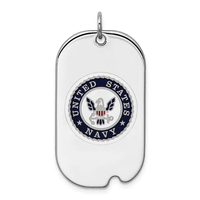 Silver dog tag pendant with a rounded rectangular shape featuring the United States Navy seal in the center, suspended from a chain loop at the top.