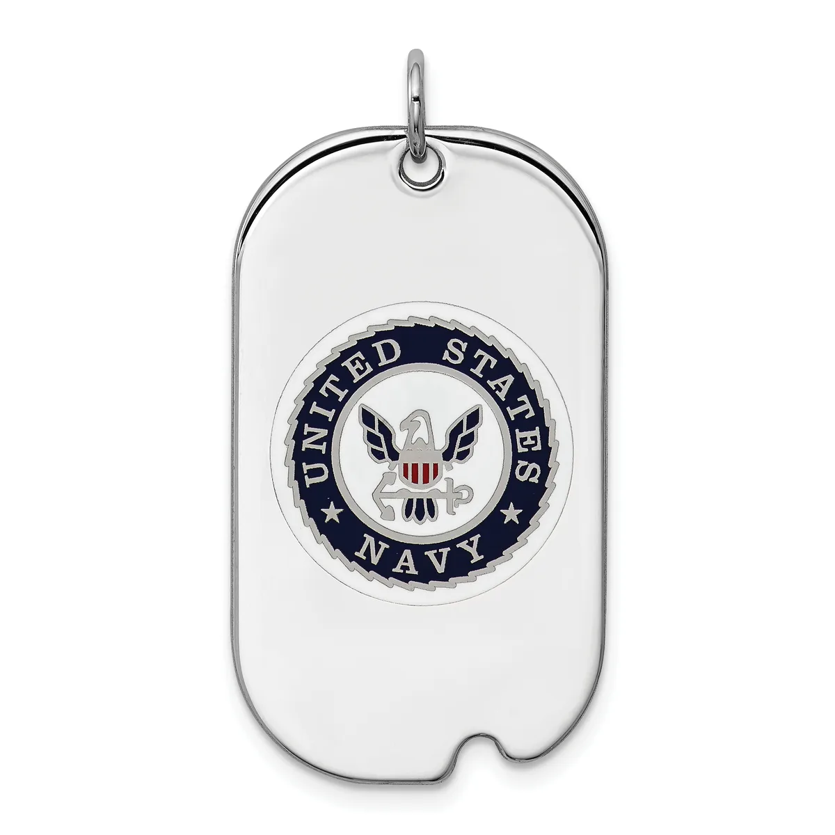 Silver dog tag pendant with a rounded rectangular shape featuring the United States Navy seal in the center, suspended from a chain loop at the top.