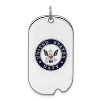 Silver dog tag pendant with a rounded rectangular shape featuring the United States Navy seal in the center, suspended from a chain loop at the top.