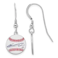 Pair of silver-toned fish hook earrings with small round baseball pendants featuring red stitching and a blue signature, displayed against a white background.
