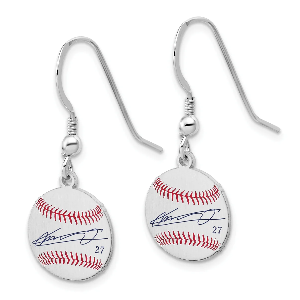 A pair of silver-toned dangle earrings with hook-style wires, each featuring a baseball-shaped pendant with red stitching, a signature, and the number 27.