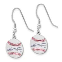 A pair of silver-toned dangle earrings with hook-style wires, each featuring a baseball-shaped pendant with red stitching, a signature, and the number 27.