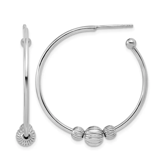 A pair of silver hoop earrings with textured spherical beads, shown from front and side views.