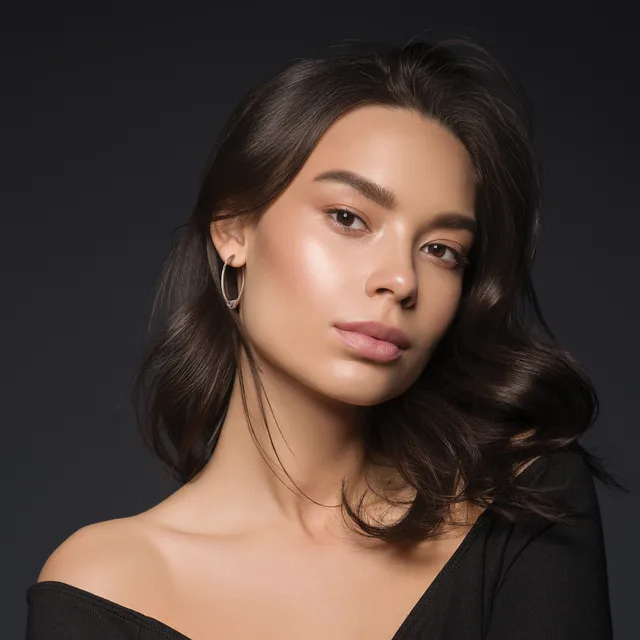 A woman with long dark wavy hair and hoop earrings looks toward the camera against a dark gray background, wearing a black off-shoulder top.