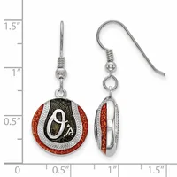 Pair of dangle earrings featuring red enamel circular discs with silver-tone metal accents and ornamental details, displayed against a measurement scale.