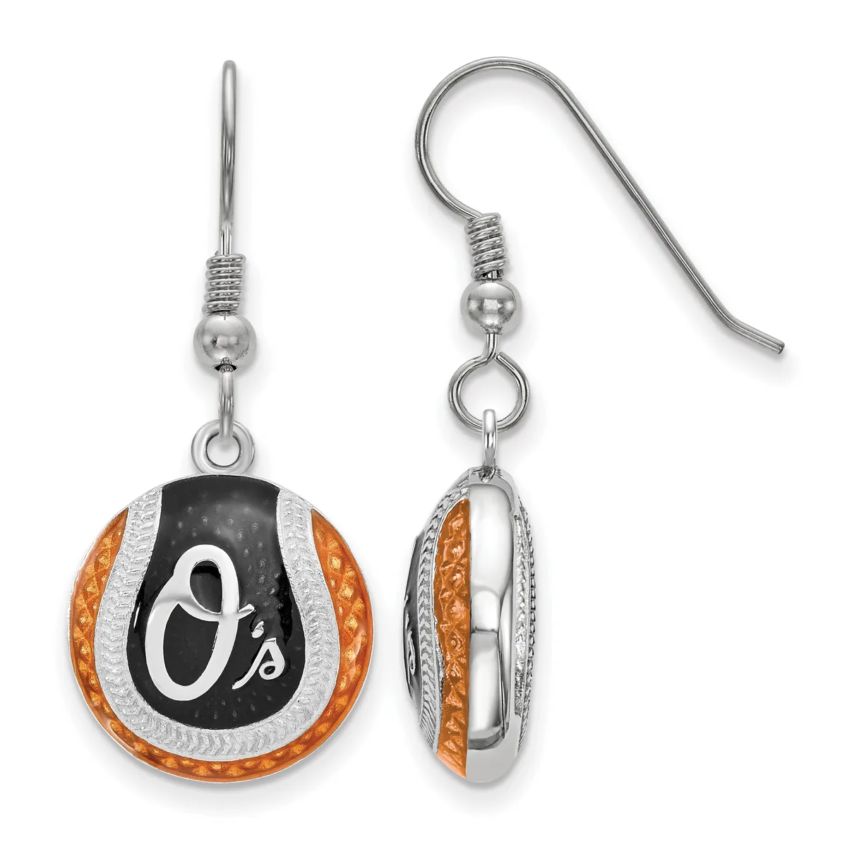 Pair of Baltimore Orioles baseball team logo earrings with orange and black enamel, silver-tone metal, and fish hook closures, shown front and side view.