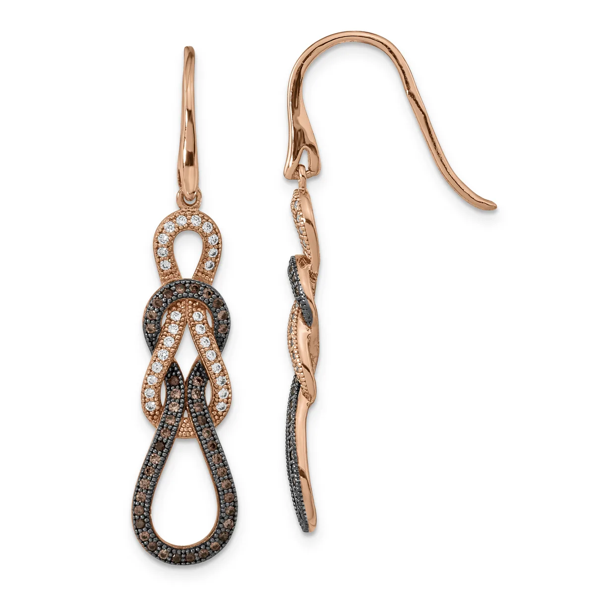 A pair of rose gold drop earrings with fish hook backs, featuring interlocking oval loops studded with black and white diamonds in an alternating pattern.