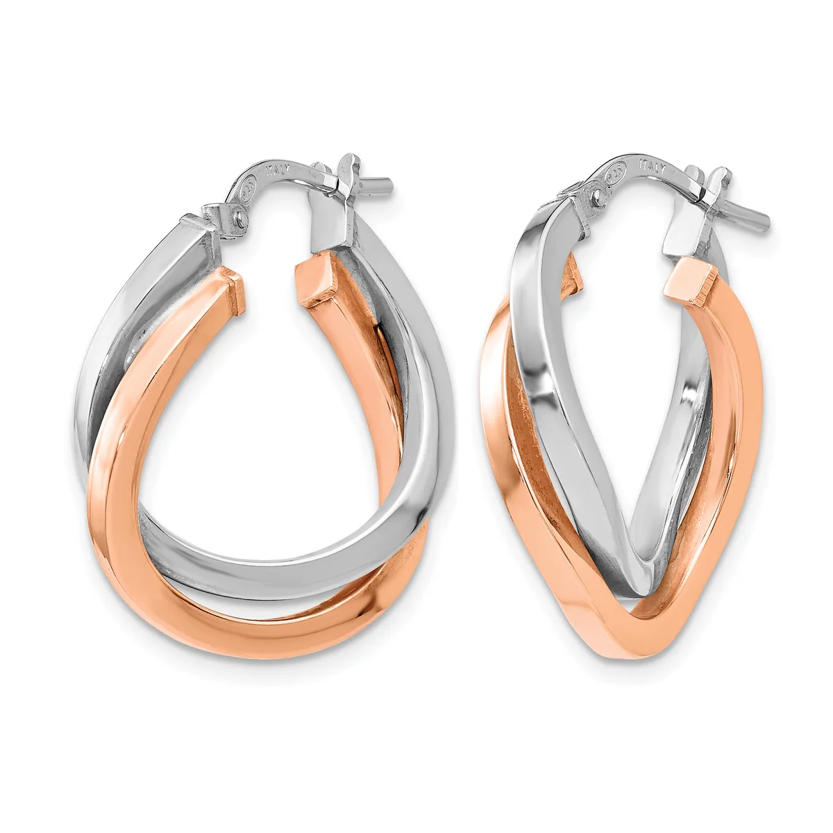 Pair of two-tone hoop earrings with rose gold outer tubes and silver inner tubes, featuring hinged closures, shown from front and back angles.