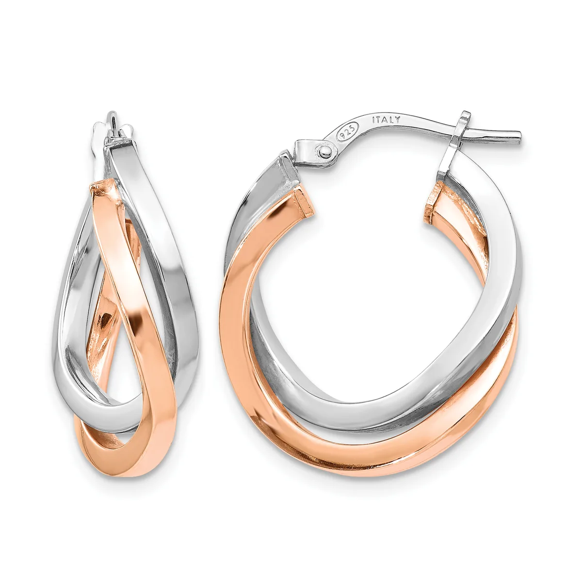 Pair of two-tone hoop earrings with intertwined white and rose gold bands, shown from front and side views with post and clutch closures.