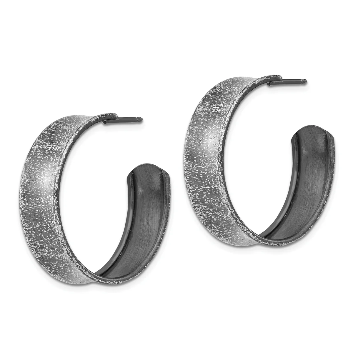 A pair of textured silver hoop earrings with dark inner surfaces and post closures, displayed against a white background.