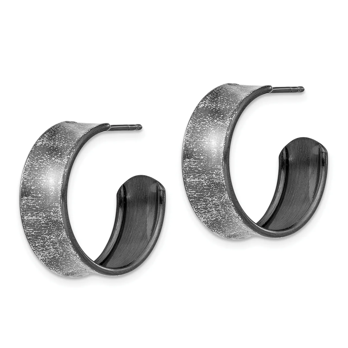 A pair of textured silver hoop earrings with a brushed finish and dark inner surfaces, displayed against a white background.