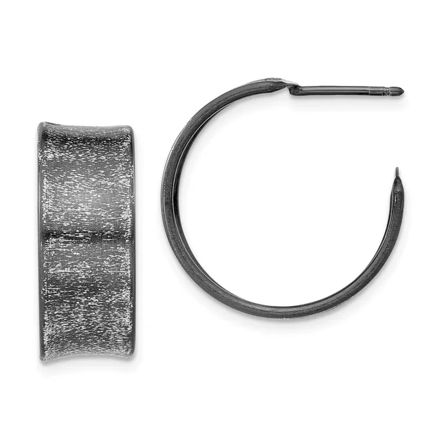 A pair of textured silver hoop earrings with post and clutch closures, displayed flat against a white background.