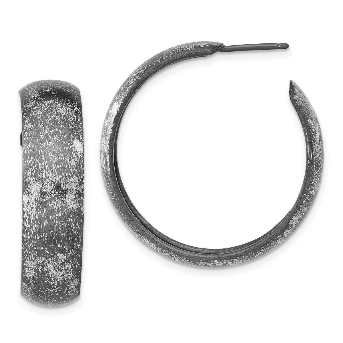 Two textured silver hoop earrings displayed against a white background, one shown straight-on and one shown from the side.