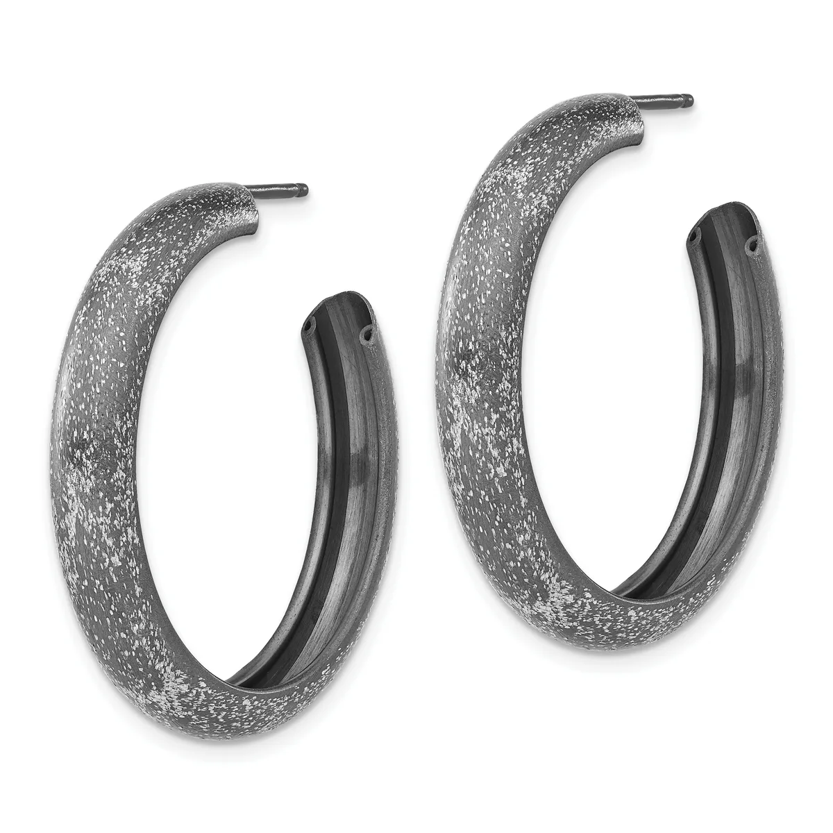 A pair of textured hoop earrings with glittery silver finish and dark inner bands, displayed against a white background.
