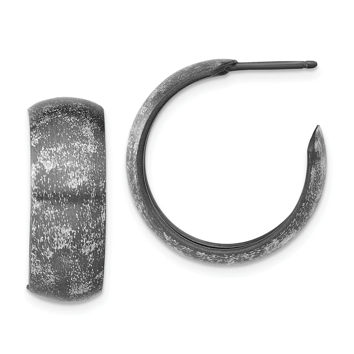 Pair of textured silver hoop earrings with a hammered finish, one cylindrical and one curved, displayed against a white background.