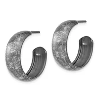 A pair of chunky silver-textured hoop earrings with dark striped inner bands and post closures, displayed side by side.