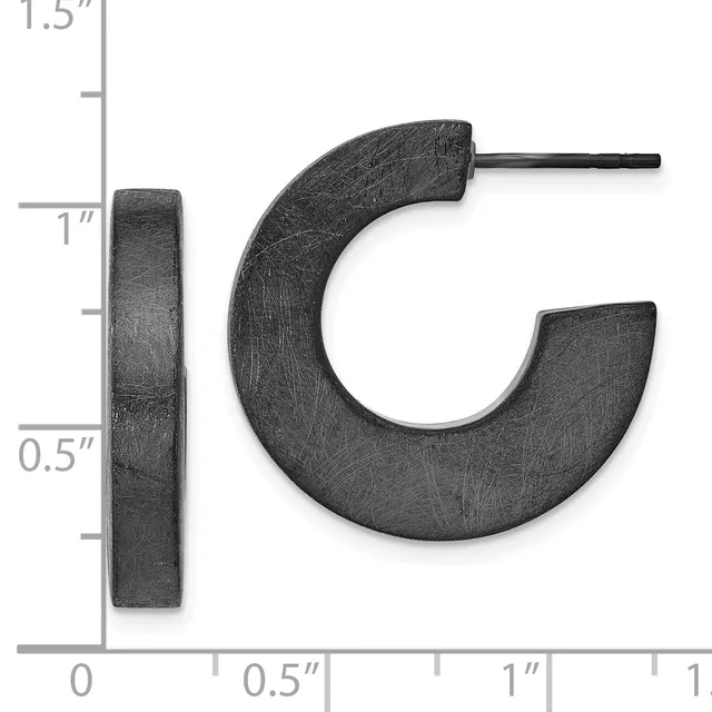 Pair of dark metal hoop earrings with post and clutch backs, shown against a ruler measuring approximately one inch in diameter.
