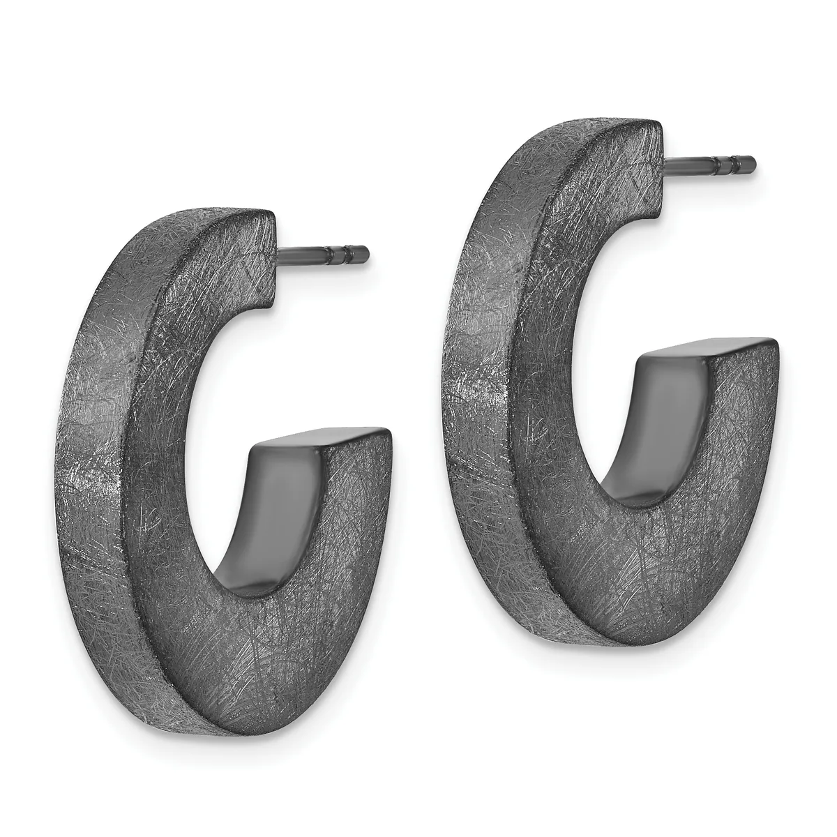A pair of textured gray hoop earrings with a brushed metallic finish and small post backs, displayed against a white background.