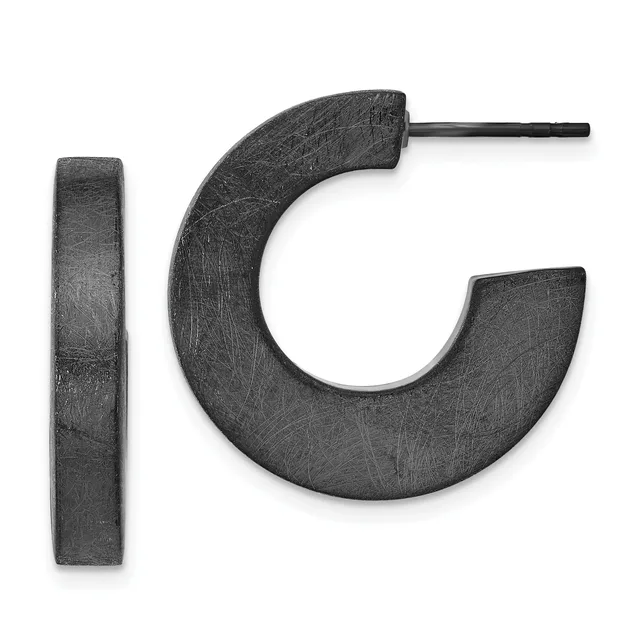 A pair of dark oxidized metal hoop earrings with a curved C-shape design and post backs, displayed against a white background.