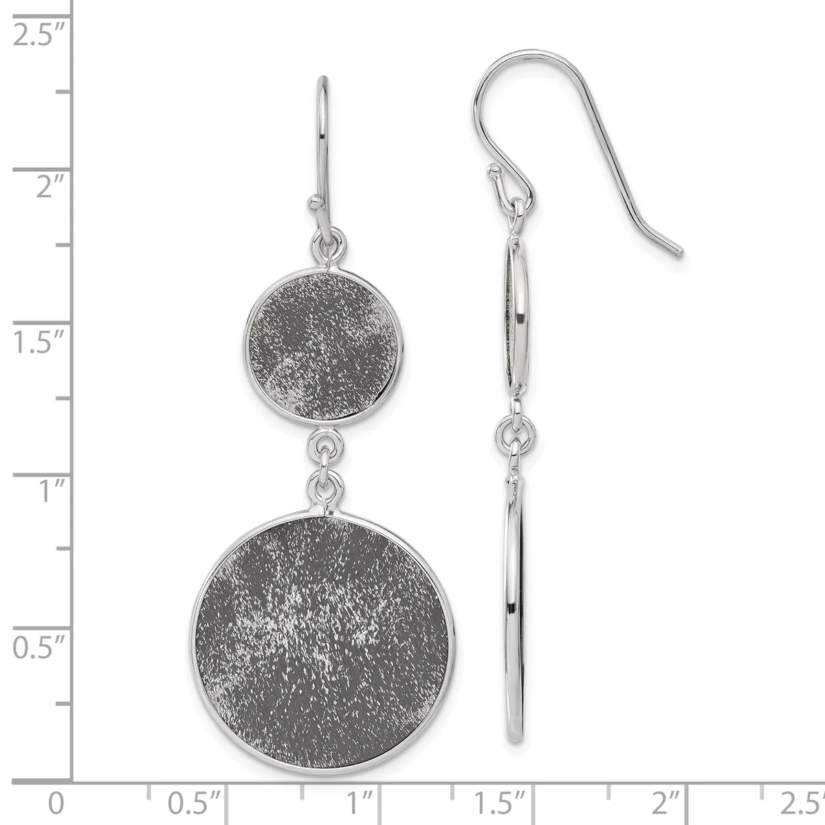 A pair of silver dangle earrings with two textured circular discs connected by a chain, displayed against a ruler showing approximately 2.5 inches in length.