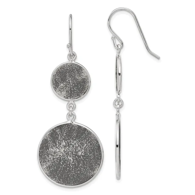 Pair of silver dangle earrings with two textured circular discs of different sizes connected by small links, displayed front and back views.