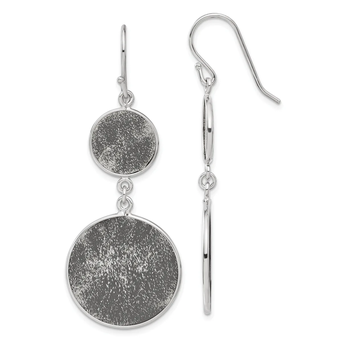 Pair of silver dangle earrings with two textured circular discs of different sizes connected by small links, displayed front and back views.