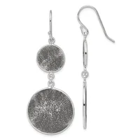 Pair of silver dangle earrings with two textured circular discs of different sizes connected by small links, displayed front and back views.
