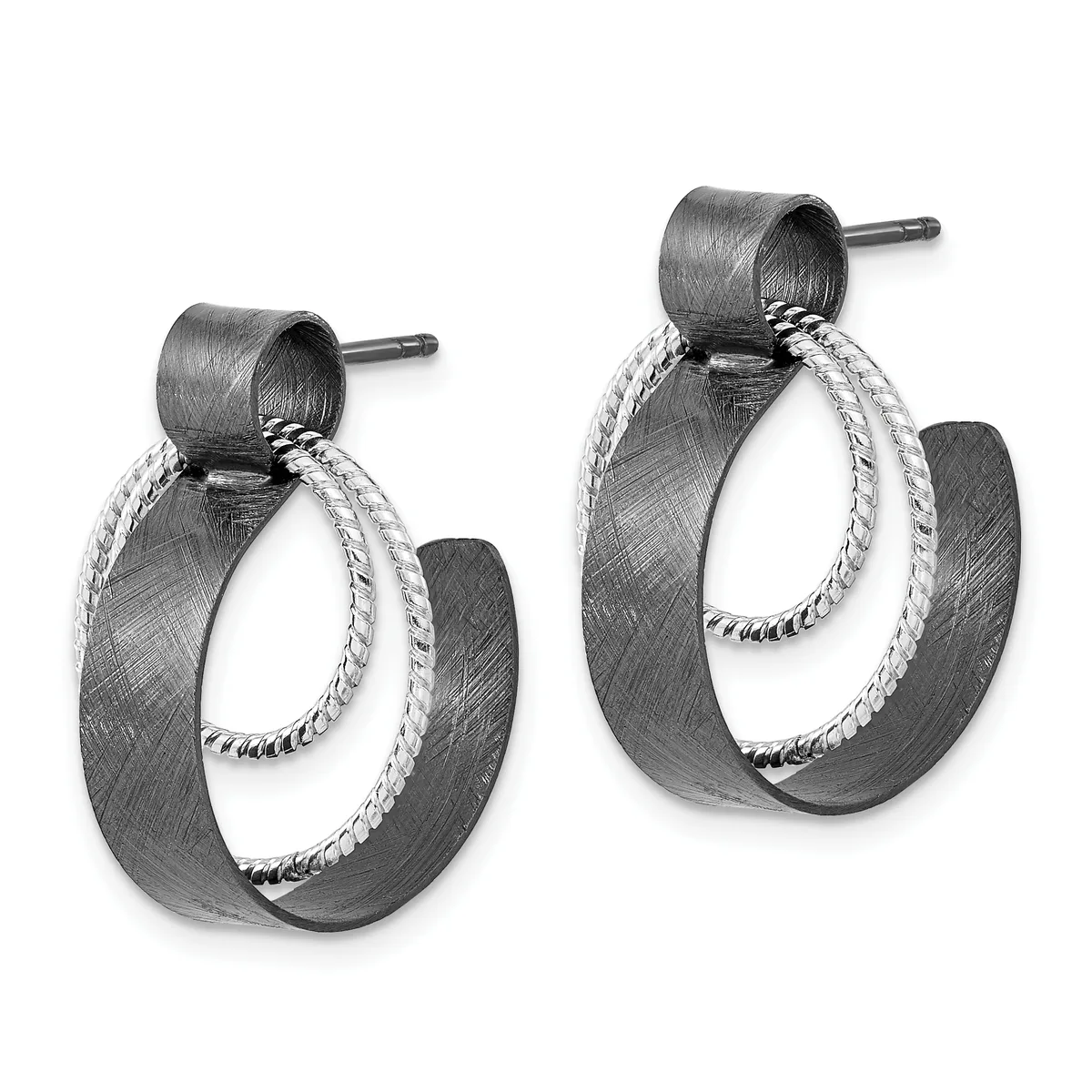 Pair of two-tone hoop earrings with brushed metal outer bands and twisted wire inner loops, shown from the front.